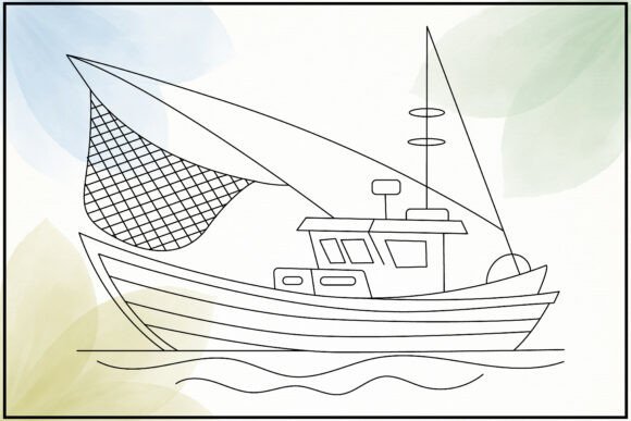 Fishing Boat with Net Line Art: A Versatile Graphics Illustration